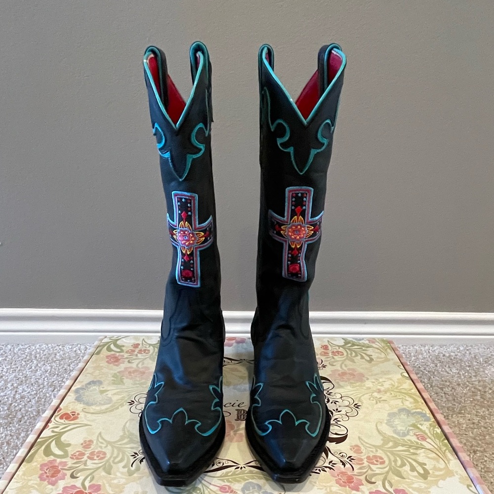 Macie Bean Black and Turquoise Heeled Boots, Size 7M - Picture 12 of 15